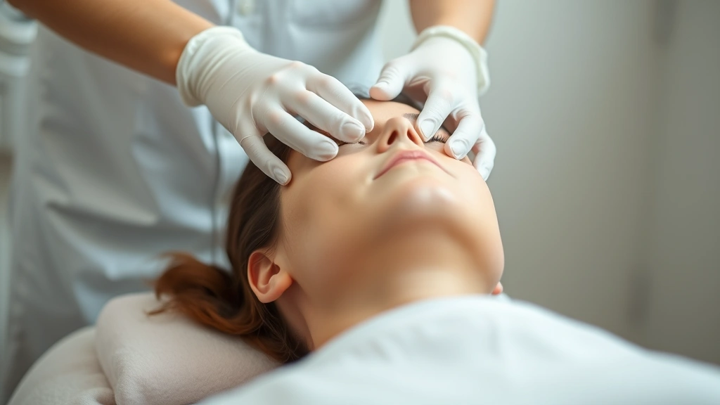 Hands performing gentle craniosacral therapy on patient's head, soft lighting, peaceful clinical setting, practitioner wearing white gloves