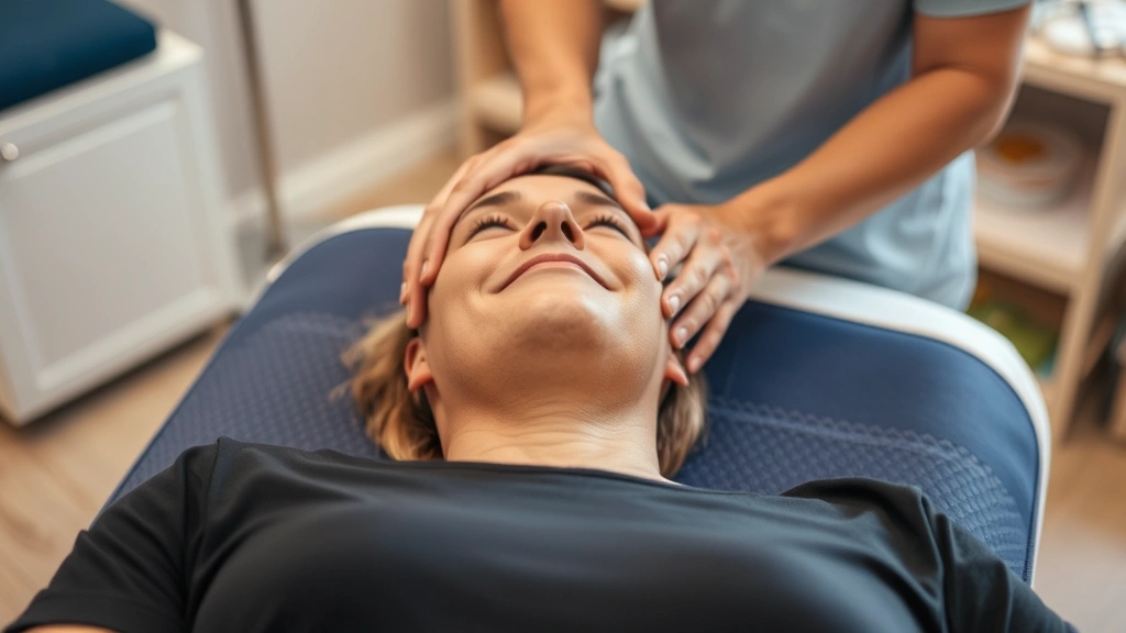Patient receiving manual therapy treatment lying down, relaxed facial expression, therapeutic room environment, evidence-based healthcare setting, professional medical ambiance