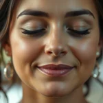 Close-up of a person's face showing peaceful expression during meditation, soft natural lighting, blurred background, conveying calm and present-moment awareness in therapeutic setting