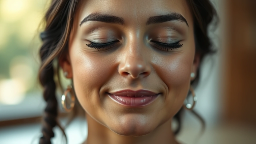 Close-up of a person's face showing peaceful expression during meditation, soft natural lighting, blurred background, conveying calm and present-moment awareness in therapeutic setting