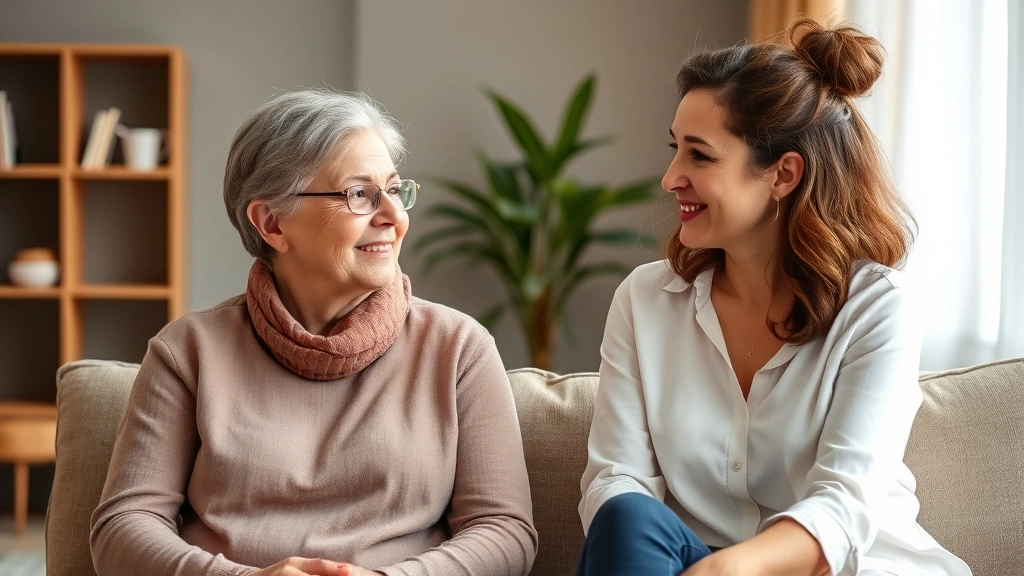 Speech-language pathologist and client sitting together in comfortable therapy room, both appearing relaxed and focused, warm lighting suggesting safe therapeutic environment and professional support