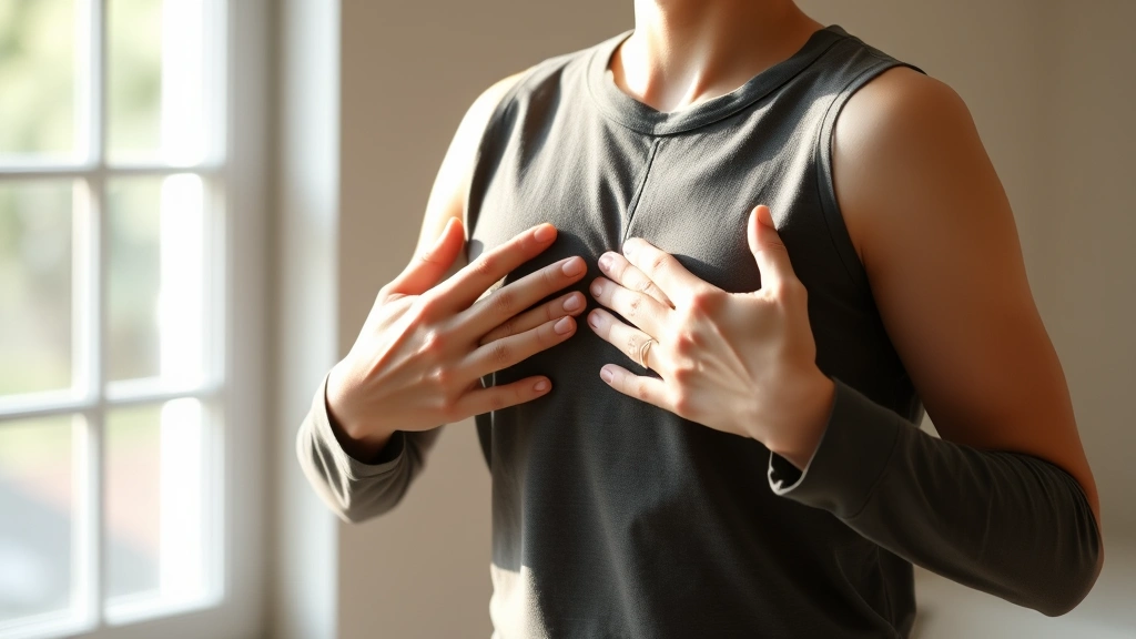 Person practicing diaphragmatic breathing with hands on chest and abdomen, peaceful posture, natural window light, demonstrating mindful breath awareness for vocal improvement
