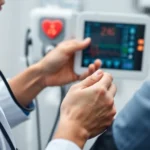 Close-up of medical professional examining patient blood pressure monitor with cardiology equipment in background, showing healthcare monitoring technology