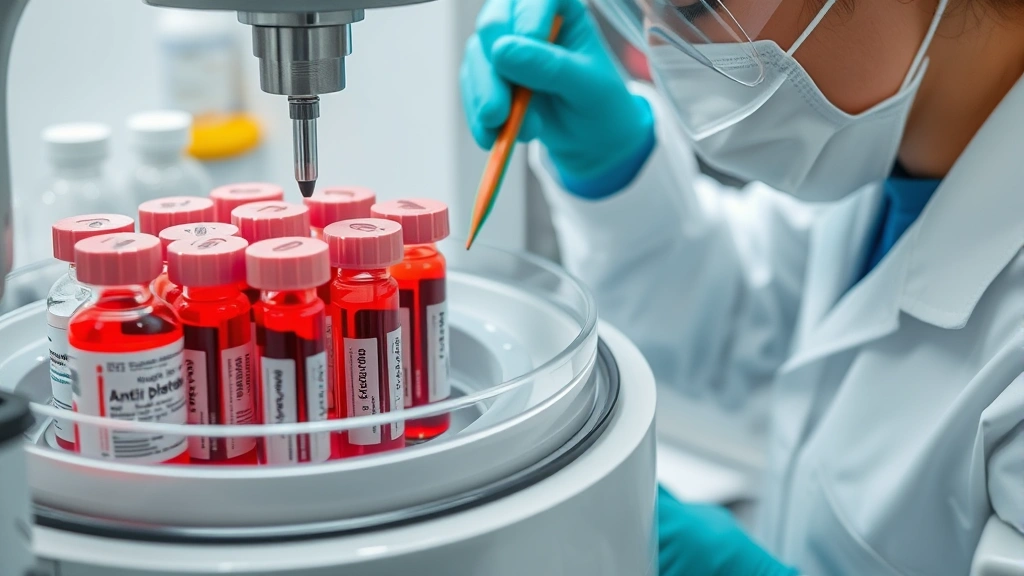 Laboratory technician analyzing blood samples in centrifuge with antiplatelet medication bottles visible, showing pharmaceutical research and drug development
