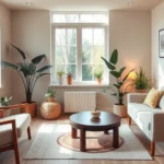 Serene therapist's office with comfortable seating, soft lighting, and calming decor featuring warm earth tones, plants, and windows overlooking nature, representing a safe therapeutic space