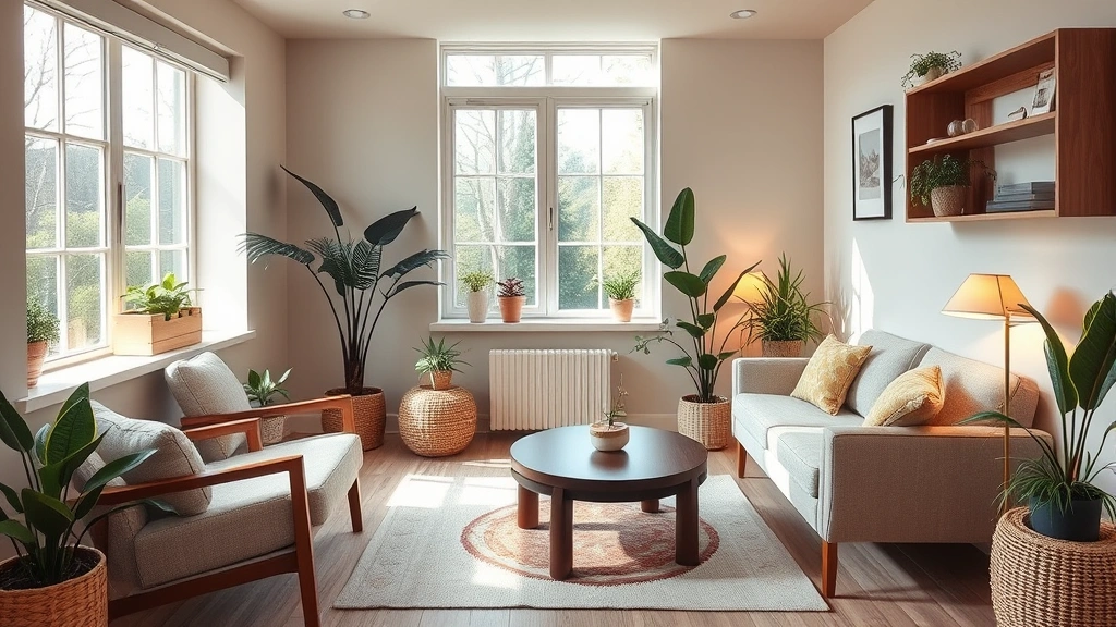 Serene therapist's office with comfortable seating, soft lighting, and calming decor featuring warm earth tones, plants, and windows overlooking nature, representing a safe therapeutic space