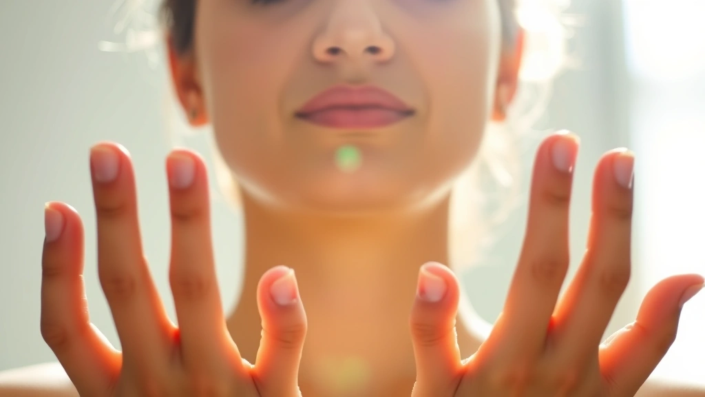 Close-up of a person's hands during a mindfulness meditation session with peaceful expression, natural sunlight streaming across face, conveying mental wellness and inner peace