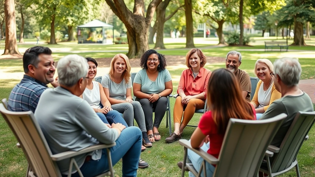 Diverse group of people in a supportive therapy circle setting outdoors in a park, sitting in comfortable chairs with genuine smiles, representing community support and healing connection