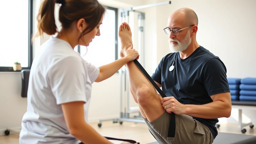 Physical therapist working with patient on leg exercises using resistance band, bright clinic setting with exercise equipment visible, patient focused and engaged