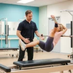Physical therapist working with patient on leg strength exercises using resistance equipment in bright clinical rehabilitation gym setting