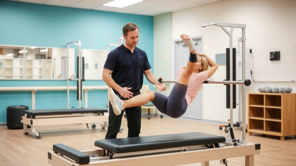 Physical therapist working with patient on leg strength exercises using resistance equipment in bright clinical rehabilitation gym setting
