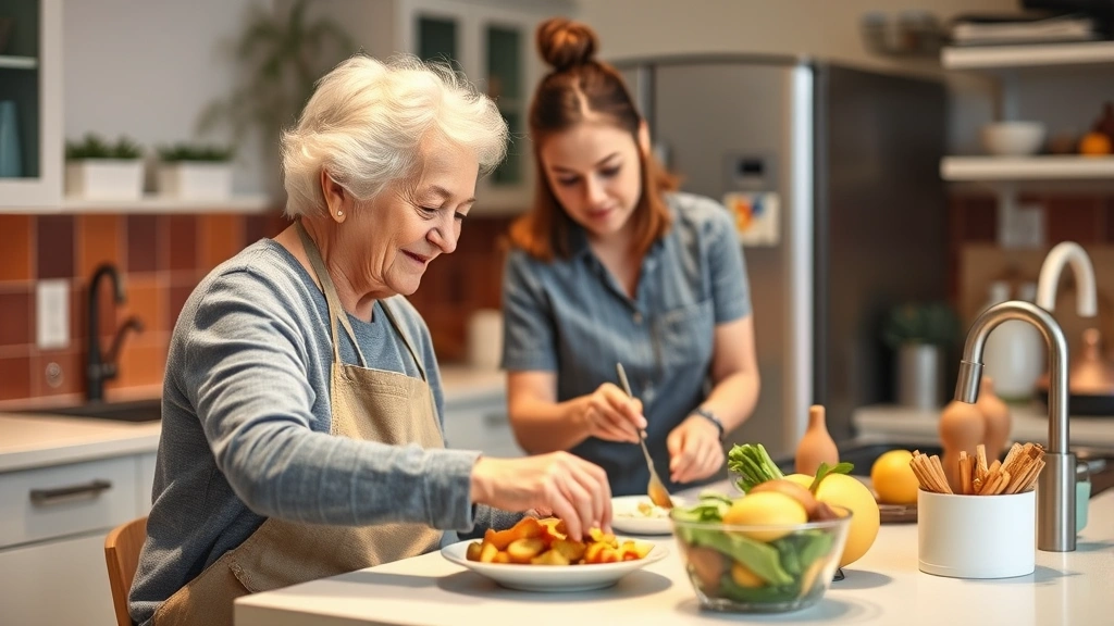 Occupational therapist assisting elderly patient with kitchen activities and meal preparation in adaptive kitchen environment, warm lighting showing functional daily living tasks