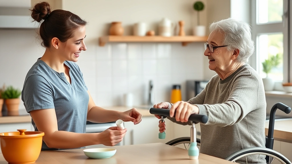 Occupational therapist assisting elderly patient with kitchen activities and adaptive equipment in realistic home environment
