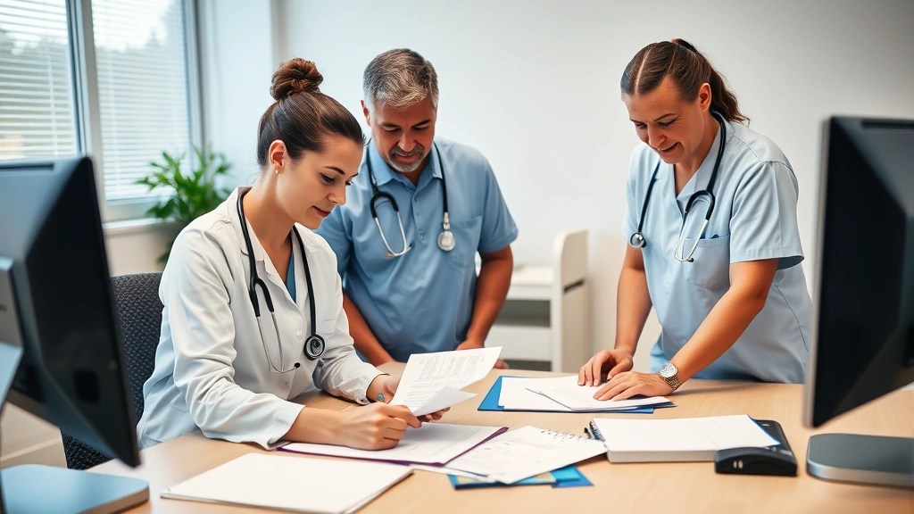 Healthcare team meeting with physical therapist and occupational therapist reviewing patient notes together at desk, collaborative professional environment, diverse team members