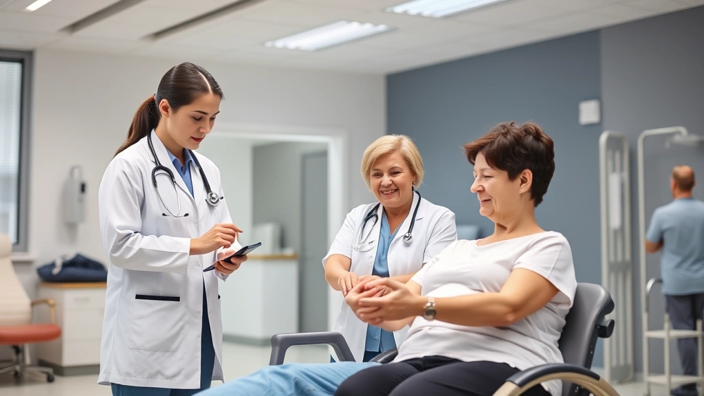 Healthcare team of physical therapist and occupational therapist collaborating with patient during integrated rehabilitation session in modern medical facility