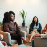 A diverse group of people in a modern therapy office setting, sitting in comfortable chairs with warm lighting and plants, one person appearing thoughtful during a counseling session with a calm, professional therapist