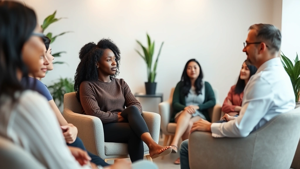 A diverse group of people in a modern therapy office setting, sitting in comfortable chairs with warm lighting and plants, one person appearing thoughtful during a counseling session with a calm, professional therapist