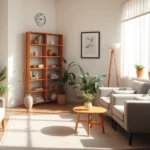 A warm, peaceful therapy office setting with soft natural lighting, comfortable seating arrangement, plants, and minimalist decor creating a safe sanctuary space for mental health support