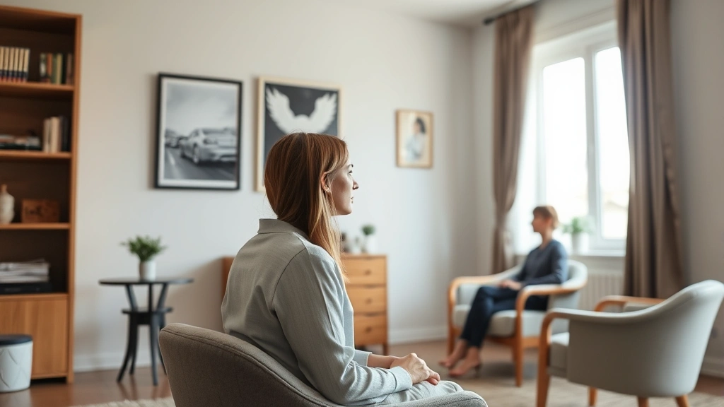 A calm, professional therapist's office with comfortable seating, soft lighting, and a peaceful environment; a person sitting thoughtfully looking out a window with gentle natural light
