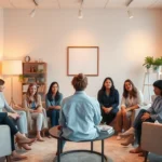 A diverse group of people in a modern, minimalist therapist's office with warm lighting, comfortable seating, and calming earth-tone colors, representing welcoming mental health care environment