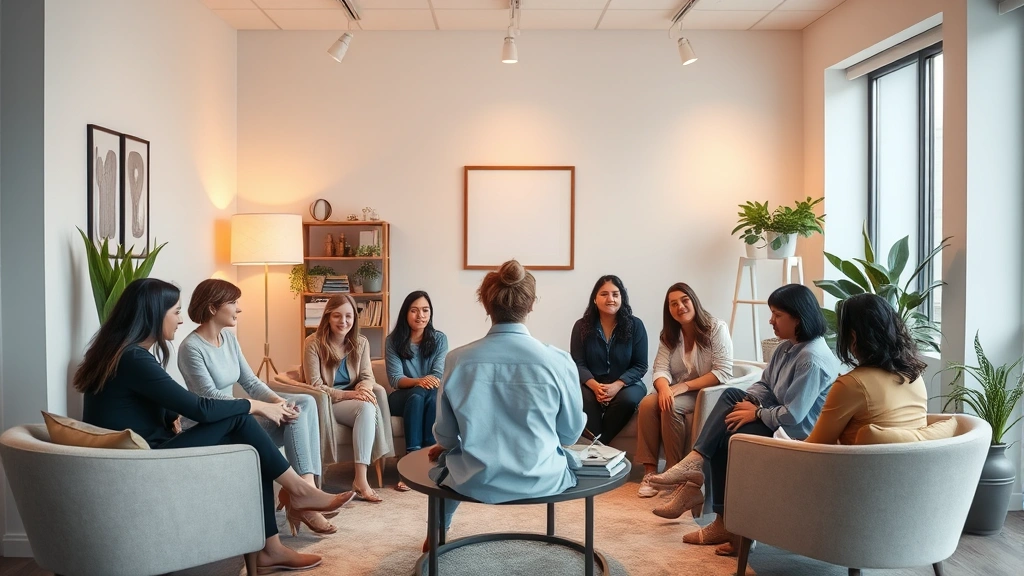 A diverse group of people in a modern, minimalist therapist's office with warm lighting, comfortable seating, and calming earth-tone colors, representing welcoming mental health care environment