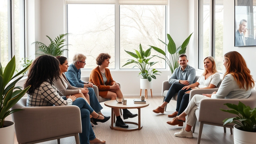 A diverse group of people in a modern, bright therapy office waiting room with comfortable seating, natural light from large windows, and calming neutral décor with plants, photorealistic, no text visible