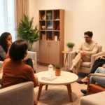 A diverse group of people sitting in a modern therapy office during a group session, warm lighting, comfortable furniture, peaceful atmosphere, photorealistic, no text visible
