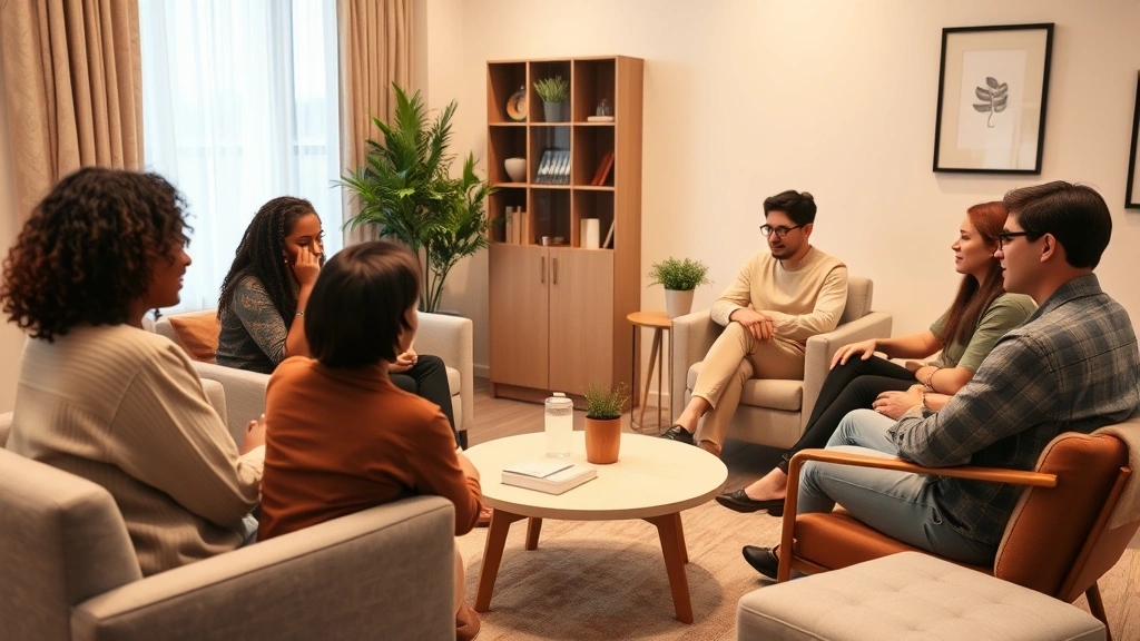 A diverse group of people sitting in a modern therapy office during a group session, warm lighting, comfortable furniture, peaceful atmosphere, photorealistic, no text visible