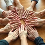 Close-up of diverse hands in a supportive circle on wooden table, warm natural lighting, representing therapeutic connection and mental health support, photorealistic