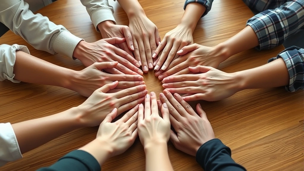 Close-up of diverse hands in a supportive circle on wooden table, warm natural lighting, representing therapeutic connection and mental health support, photorealistic