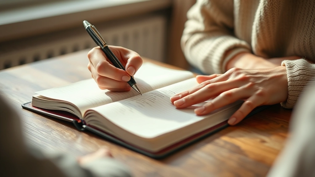 Close-up of a person's hands writing in a therapy journal during a session, notebook and pen on a wooden table with soft natural lighting, warm and introspective mood