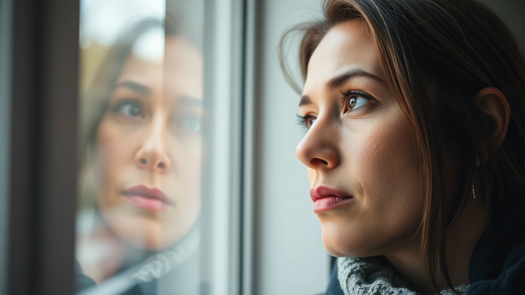Close-up of a thoughtful person looking out a window during daytime with soft natural light, contemplative expression suggesting introspection and self-reflection about personal wellbeing
