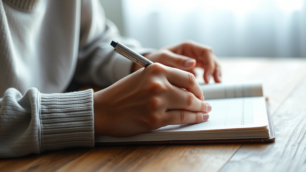 Close-up of a person writing in a journal during a therapy session, hands visible with pen, notebook on wooden table, soft natural lighting, focused and contemplative mood, photorealistic