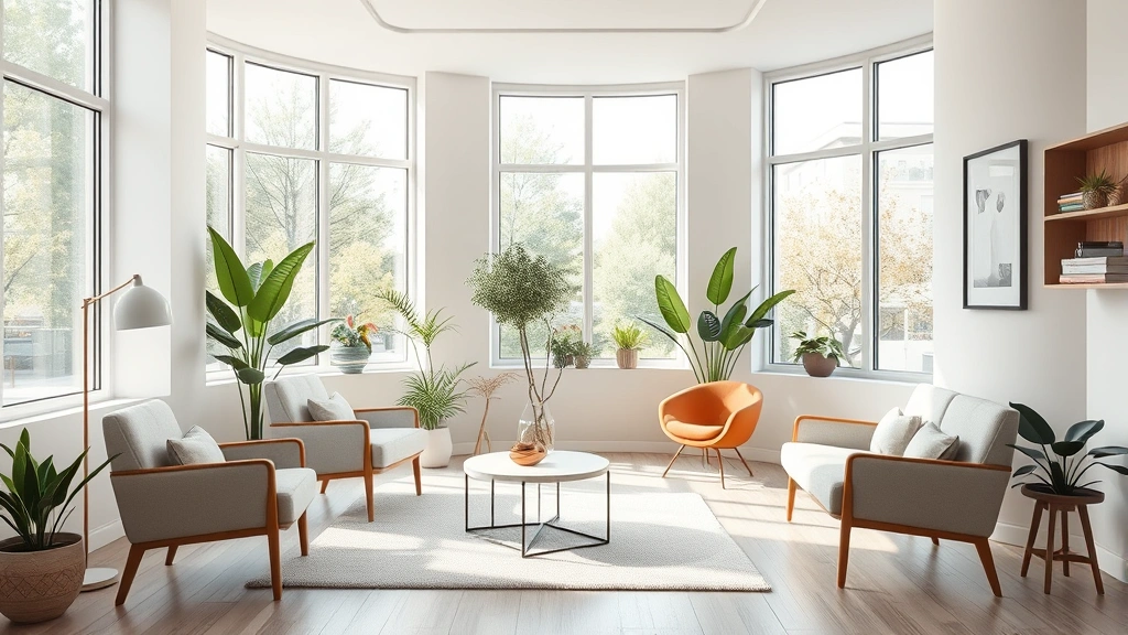 Modern therapy office interior with comfortable seating, large windows with natural light, plants, and neutral calming colors, photorealistic professional environment