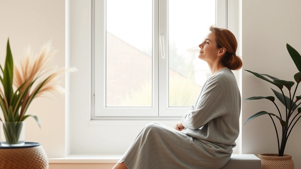 A person sitting peacefully by a window in natural daylight, looking contemplative and calm after therapy, with a sense of clarity and emotional wellbeing, peaceful indoor environment