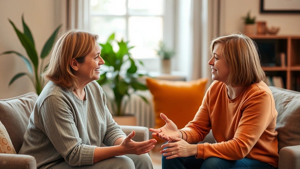 Two people having a meaningful conversation in a comfortable setting; body language showing openness and trust; warm, supportive atmosphere with neutral tones