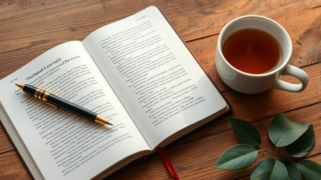 An open journal with a pen on a wooden desk next to a steaming cup of tea, peaceful morning setting symbolizing therapeutic journaling and self-care practices