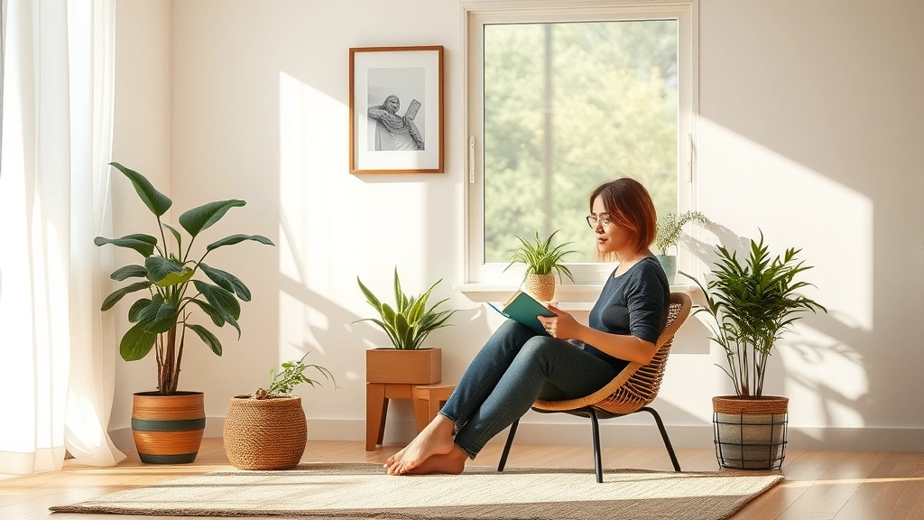 A person sitting peacefully in a sunlit room with plants, journaling or reflecting, representing mental wellness and personal growth, photorealistic, serene atmosphere, no text