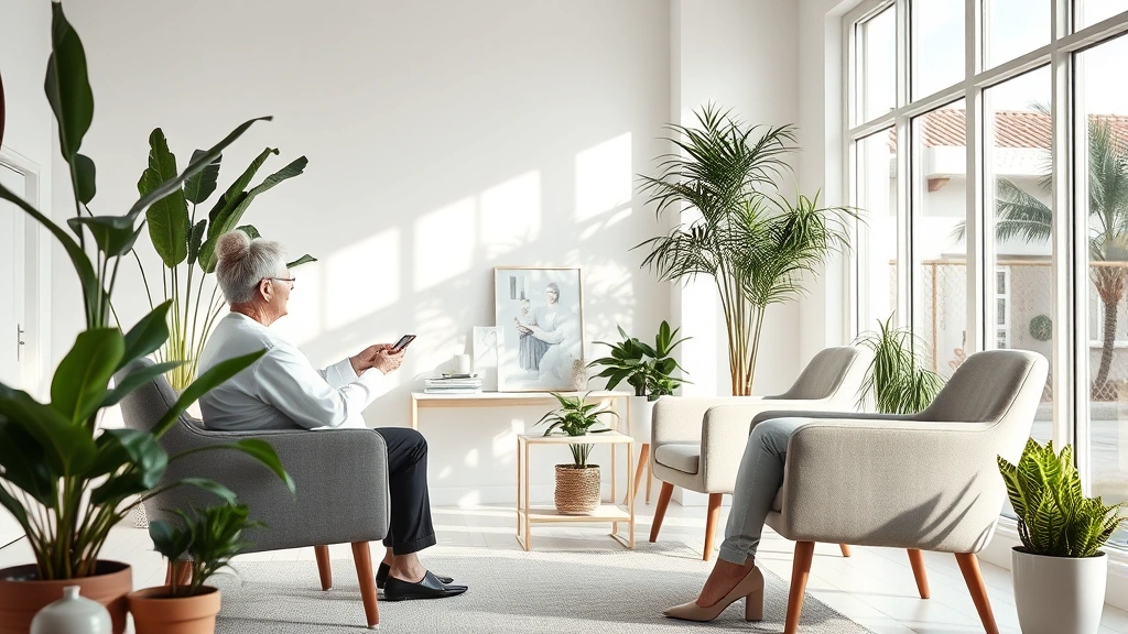 A therapist and client having a conversation in a bright, minimalist office with plants, large windows, both sitting in comfortable chairs facing each other, calm professional environment, photorealistic