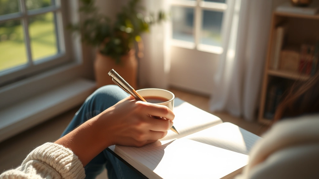 Person writing in journal during reflective moment with cup of tea, sunlit room, peaceful mindful atmosphere, photorealistic wellness imagery