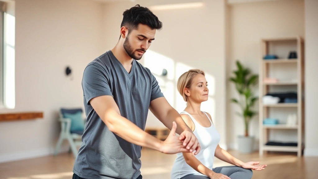 A physical therapist guiding a patient through mindful body awareness exercise in a bright, modern rehabilitation clinic with soft natural lighting, both figures demonstrating peaceful concentration and proper therapeutic positioning
