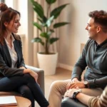 Professional female and male couple sitting in a modern therapist's office during a couples counseling session, warm lighting, comfortable furniture, notebook visible on side table, calm and supportive environment
