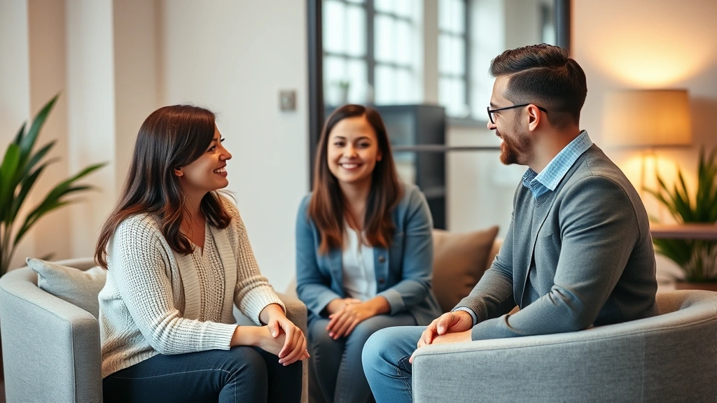 Professional couples therapist and two clients in a modern counseling office with warm lighting and comfortable seating, focusing on the therapeutic environment and emotional support during a session