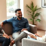 A diverse couple sitting with a licensed therapist in a modern, warm office setting, having a productive conversation. The therapist is taking notes. Natural lighting from windows, comfortable furniture, professional atmosphere, photorealistic.