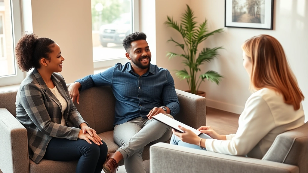A diverse couple sitting with a licensed therapist in a modern, warm office setting, having a productive conversation. The therapist is taking notes. Natural lighting from windows, comfortable furniture, professional atmosphere, photorealistic.