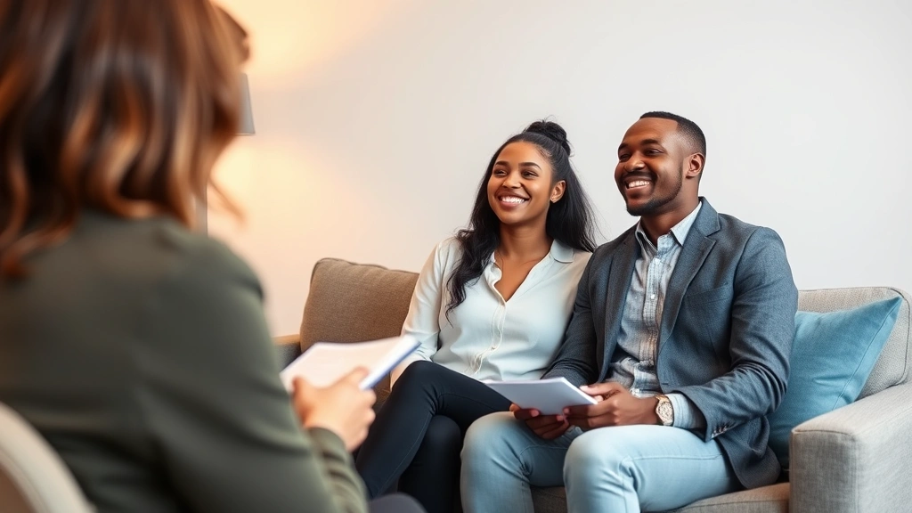 Professional diverse couple in modern therapist's office sitting on comfortable couch during counseling session, warm lighting, neutral background, both appear engaged and hopeful, therapist partially visible taking notes