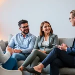 Professional couple sitting on modern couch during therapy session with licensed therapist taking notes, warm office lighting, diverse representation, calm therapeutic environment