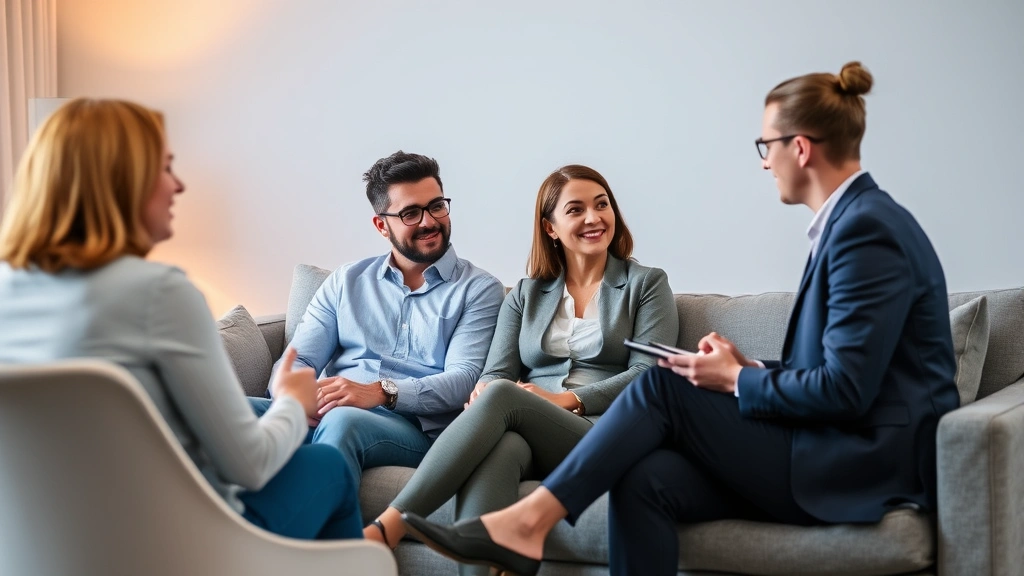 Professional couple sitting on modern couch during therapy session with licensed therapist taking notes, warm office lighting, diverse representation, calm therapeutic environment