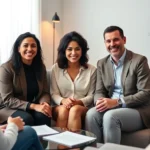 Professional diverse couple sitting with licensed therapist in modern minimalist office, warm lighting, comfortable seating, documents and notes visible on table, supportive atmosphere, realistic photographic style