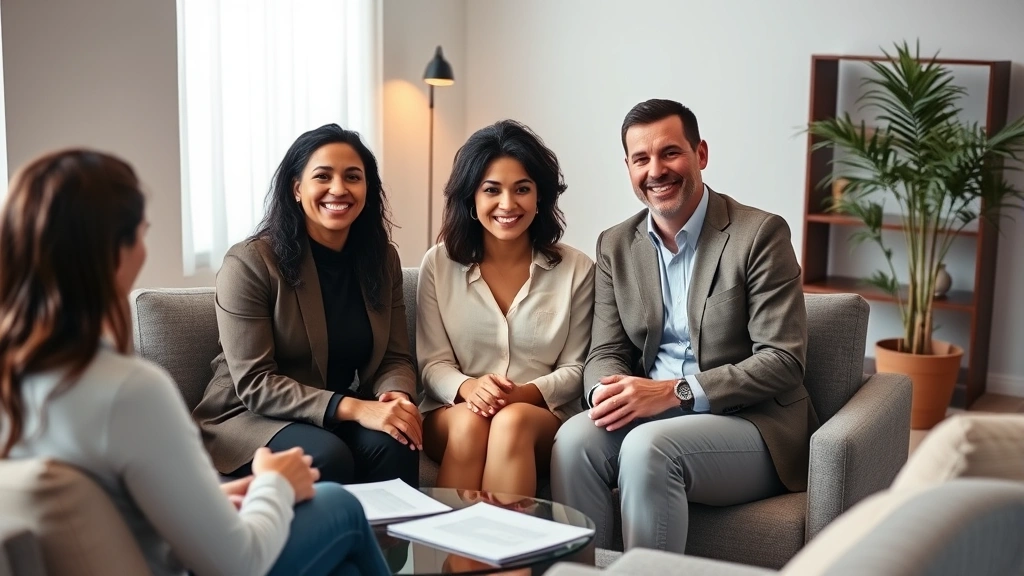 Professional diverse couple sitting with licensed therapist in modern minimalist office, warm lighting, comfortable seating, documents and notes visible on table, supportive atmosphere, realistic photographic style